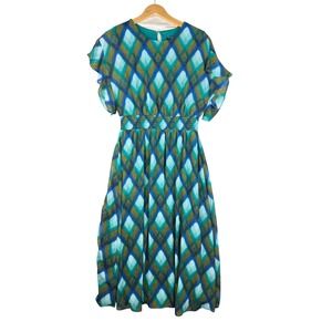 Maggy London Diamond Print Short Sleeve Maxi Dress size 12 Green/Blue